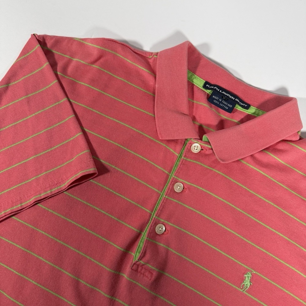 Ralph Lauren‎ Sport Men's L Pink Green Striped Polo Shirt Short Sleeve Cotton